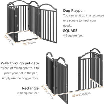 BHG Metal No-Assembly Freestanding Dog Gate with Door Walk Through, Extra Wide 96", Extra Tall 32" Pet Gate, Accordion Puppy Folding Playpen Dog Fence for Indoor & Outdoor, with 2PCS Support - Black