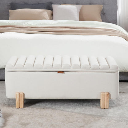 Kmax 45" Storage Bench Linen Entryway Bench Upholstered Ottoman Bench with Wavy Top & Safty Hinge for Bedroom Living Room Hallway, Beige