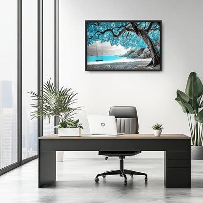 Extra Large Framed Abstract Tree Wall Art,Black and White Tree of Life Wall Decor,Blue Teal Sea Pictures for Living Room,Canvas Print Painting Modern Artwork Bedroom Office Bathroom 36L x 24W