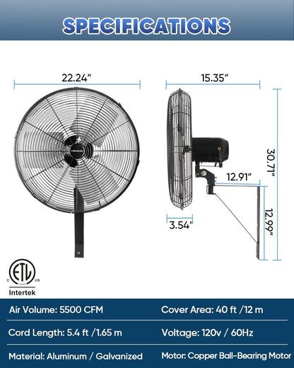 KEN BROWN 20 Inch Industrial Oscillating Wall Mount Fan 5500CFM,Heavy Duty,High Velocity,3- Speed,Black