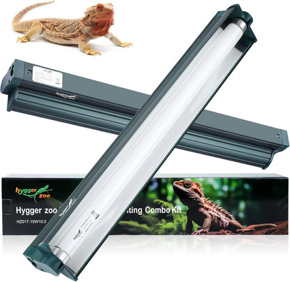 T8 Reptile Light Fixture Combo Kit 15W Light Fixture Jungle Green Reptile Terrarium Hood 10.0 UVB Light Bulb Fluorescent Tube for Bearded Dragon Lizards Tortoise for Tropical and Deserts Reptile lamp