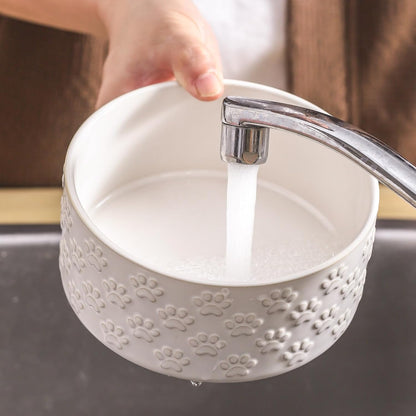 UBEE Ceramic Dog Bowl Set of 2, 5.1 inch Dog Dish Food Bowl with Paw Pattern, Pet Food Water Dish Feeding for Small Dogs and Large Cat, White