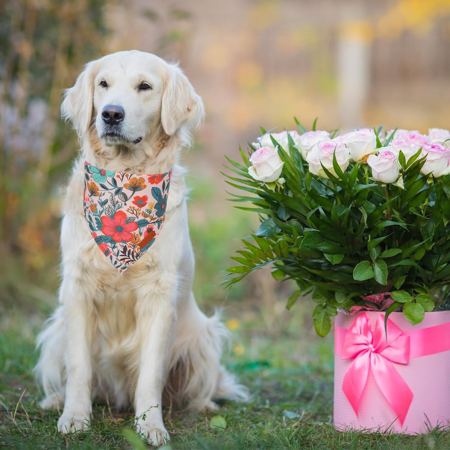 PTDECOR Flower Dog Bandana,2 Pcs Floral Reversible Dog Scarf, Multi Size, Triangle Pet Bandanas for Medium Large Dogs (Flower, Large)