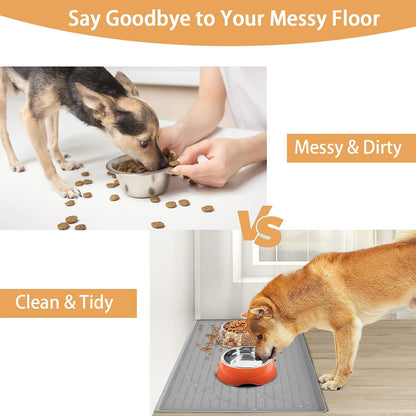 24" x 16" Dog Food Mat, Silicone Pet Mats for Food and Water, Nonslip Pet Feeding Mats for Floors, Dog Cat Bowl Mat with Raised Edges, Lake Blue