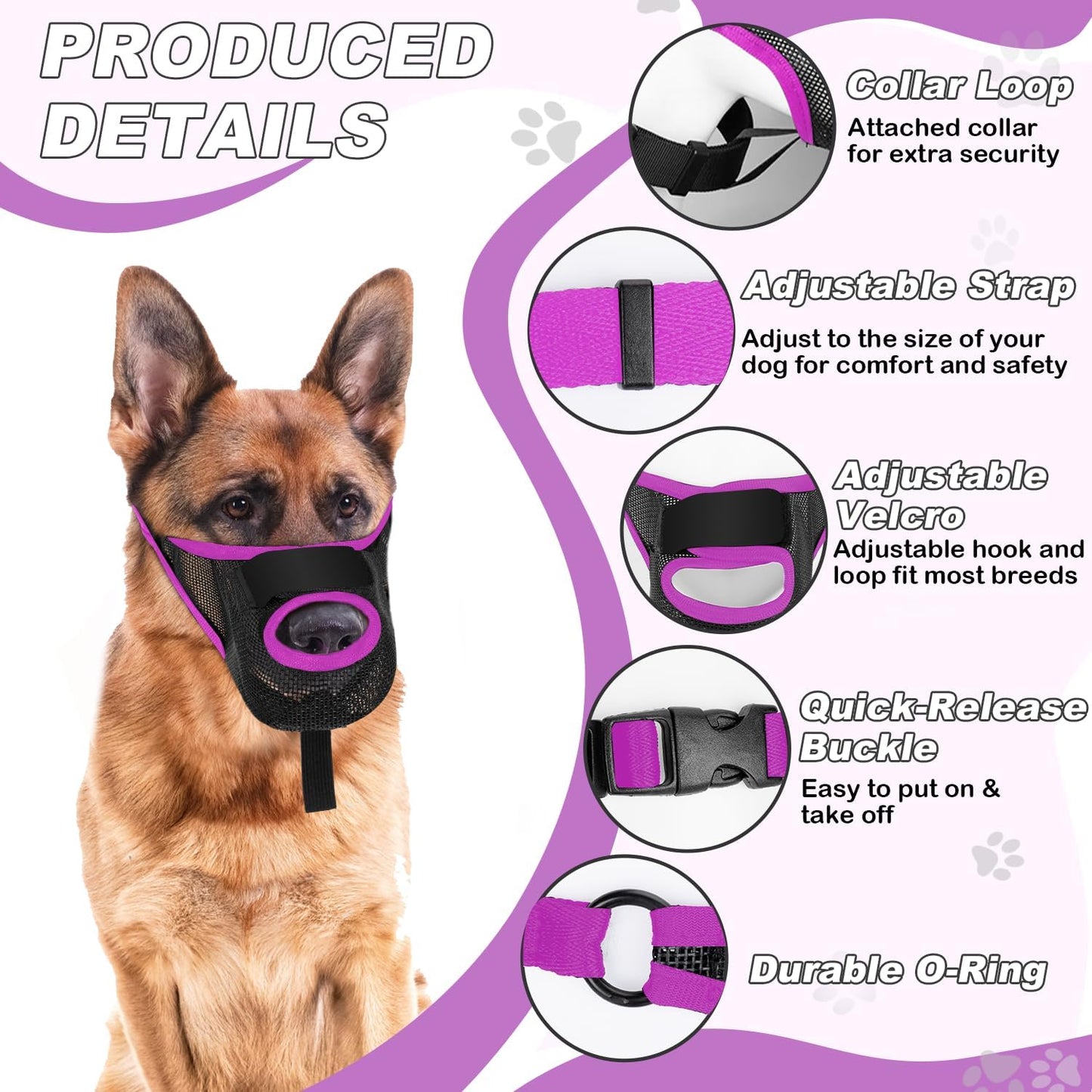 Dog Muzzle, Soft Air Mesh Muzzle for Small Medium Large Dogs Anti Biting Barking Chewing Scavenging, Breathable Adjustable Loop Pets Muzzle with Front Opening Design Allows Panting Drinking(Purple,XL)