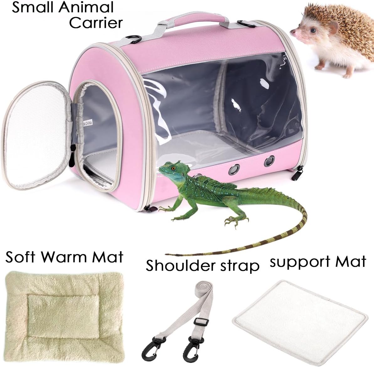 Small Animal Travel Backpack Carrier,Portable Bearded Dragon Bag for Sugar Glider,Hedgehog,Rat,Bunny,Rat,Outdoor Used (Pink, Carrier L+ I Leash)