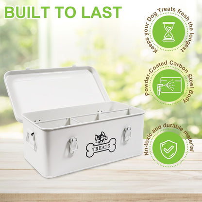 Metal Dog Treat Container,Dog Treats Storage Box with Lid,White Pet Food Bin with Dividers,Rectangular Dog Cat Treats Organizer,Ideal for Sort,Great Gift for Pet Owners