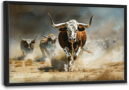 Highland Cow Large Wall Art Western Running Longhorn Pictures Rustic Wild Animal Wall Decor Canvas Print Painting Artwork for Bathroom Living Room Bedroom 36L" x 24W"