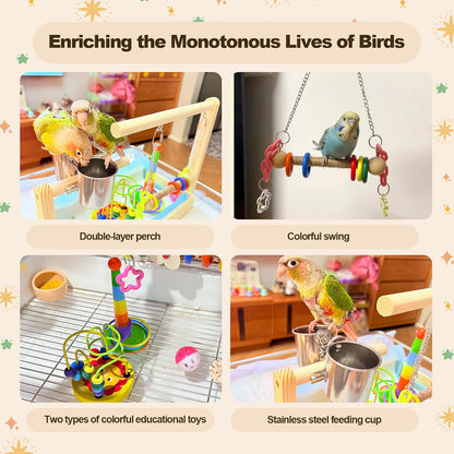 Mini Wood Bird Playground Birds Perch Stand Desktop Parrot Play Stand Parrot Tree with Feeder Cups Hanging Swing Toys and Foraging Toys Parakeet Play Gym for Budgie Cockatiel Conure Lovebird