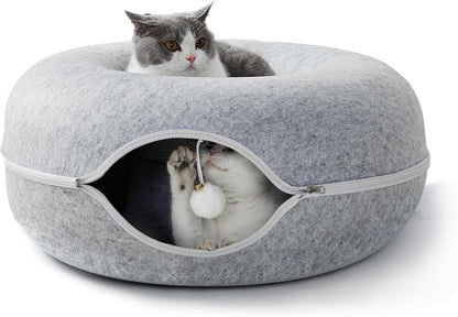 Jia Xi Cat Tunnel and Bed Combo - Donut Cat Condo & Cave, Universal for All Seasons (24 in * 24 in * 11 in), Light Grey