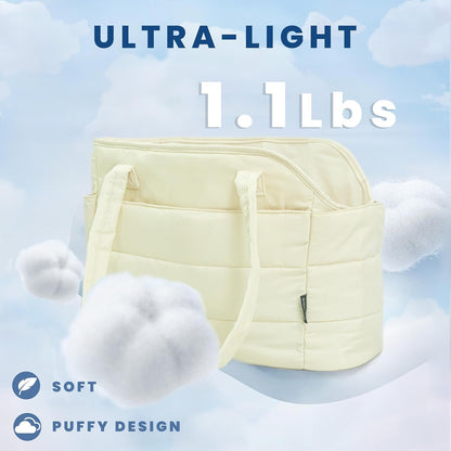 Lightweight Dog Purse Carrier for Small Dogs Under 15 lbs, Puffy Quilted Pet Carrier Tote for Puppies with Safety Leash Clip, Women's Hands-Free Dog Carrier Bag for Travel/Shopping (Beige)