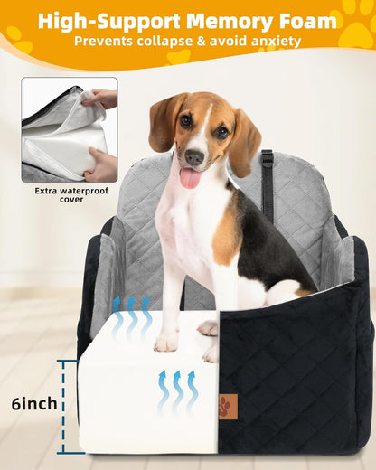 Car Seat Booster for Dog: High-Support Memory Foam Pet Car Seat for Small/Medium Dogs Under 35lbs with Elevated Cushion, Pockets - Detachable Washable Puppy Travel Bed for Driving(Black/Grey)