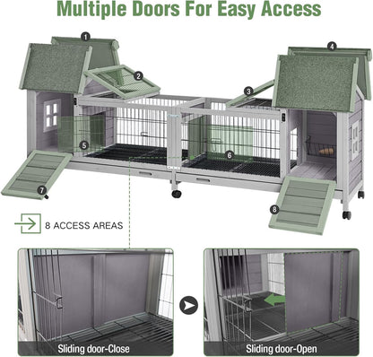 Wooden Rabbit Hutch with Wheels, Indoor Outdoor Bunny Cage with Removable Netting, Guinea Pig House with Leak-Proof Trays