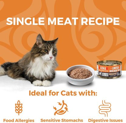 KOHA Limited Ingredient Diet Chicken Pate for Cats - Single Meat Wet Cat Food for Sensitive Stomachs - Pate Cat Food with No Fillers - 3oz Pack of 24