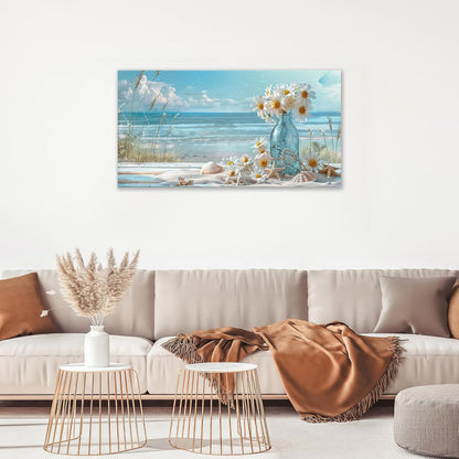 Large Beach Wall Art for Living Room Flower Daisy Art Big Space Size Framed Ocean Shell Canvas Prints Blue Pictures Painting Artwork Office Bedroom Home Decor 60"x30"