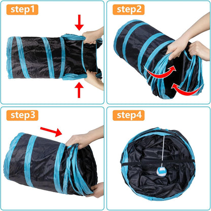Cat Tunnel, 3 Way Cat Tunnels for Indoor Cats, Foldable Cat Tubes and Tunnels for Cats Kittens, Kitty Bored Peek Hole Toy Ball Cat, Puppy, Kitty, Kitten, Rabbit, Guinea Pigs (Blue & Black)