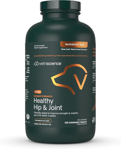 VetriScience Ultimate Strength Healthy Hip & Joint Chewable Tablets, GlycoFlex Glucosamine, Chondroitin and Green-Lipped Mussel Joint Supplement for Dogs, Soothe Joint Discomfort, Chicken, 120 Count