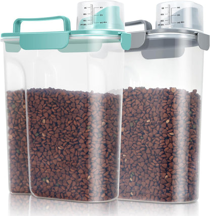 TBMax Pet Dog Cat Food Storage Containers 2 Pack 10 to 14 Lbs, Airtight Cat Food Dispenser with Large Spout & Portable Handle, Travel Dog Treat Storage Bin Bird Seed Container-Cyan+Dark
