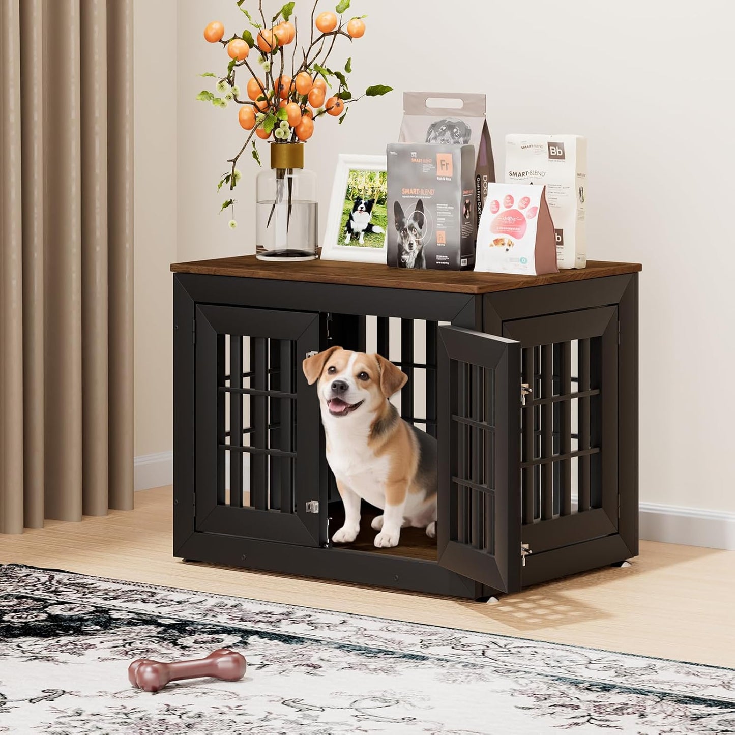 32" Heavy Duty Dog Crate Furniture for Small,Medium and Large Dogs,Rustic Wooden Dog Cage Kennel Indoor Furniture with Waterproof Top,Decorative Pet House Side End Table (Black & Wood)