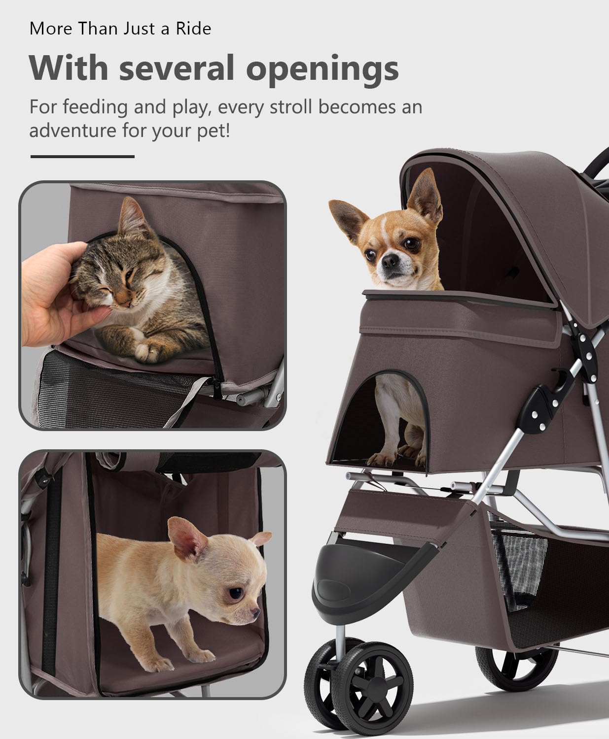 Pet Stroller with 3 Wheels for Small/Medium Pets, Portable Travel Foldable Carrier Jogger for Dog Cat Puppy Kitty, Rear Wheel Breaks, Storage Basket, Visible Mesh with Weather Cover (Coffee)