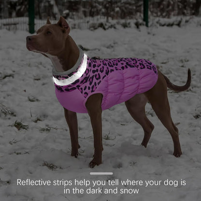 FUAMEY Dog Coat for Large Dogs,Waterproof Dog Winter Jacket with Harness Built in Puppy Cold Weather Coats Reflective Pet Vest with Zipper Warm Fleece Dogs Snowsuit Windproof Pink Leopard L