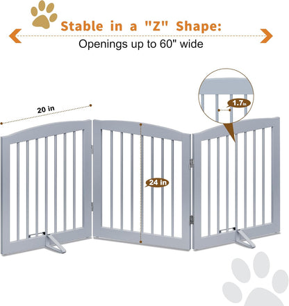 Freestanding Pet Gate for Dogs, Foldable Wooden Dog Gate for House, Indoor Dog Gate for Doorways, Stairs, Gates for Dogs Indoor, Support Feet Included, 24" Height 3 Panels, Grey