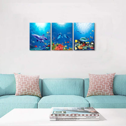 blue ocean fish 3 Pieces Framed Wall Art for Living Room Bathroom Wall Decoration Canvas Print Children's Bedroom Wall decor Office Kitchen Home Decoration Underwater World Watercolor Painting