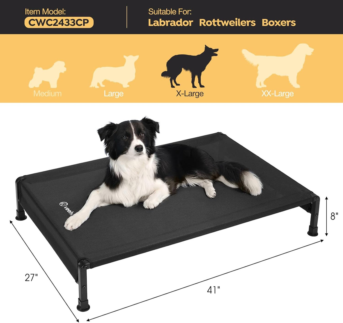Veehoo Cooling Outdoor Dog Bed, Heavy Duty Elevated Pet Bed with Washable & Breathable Teslin Mesh, Non-Slip Silicon Feet, Dog Cot Bed with Support Hem, 41" x 27", Black, CWC2433