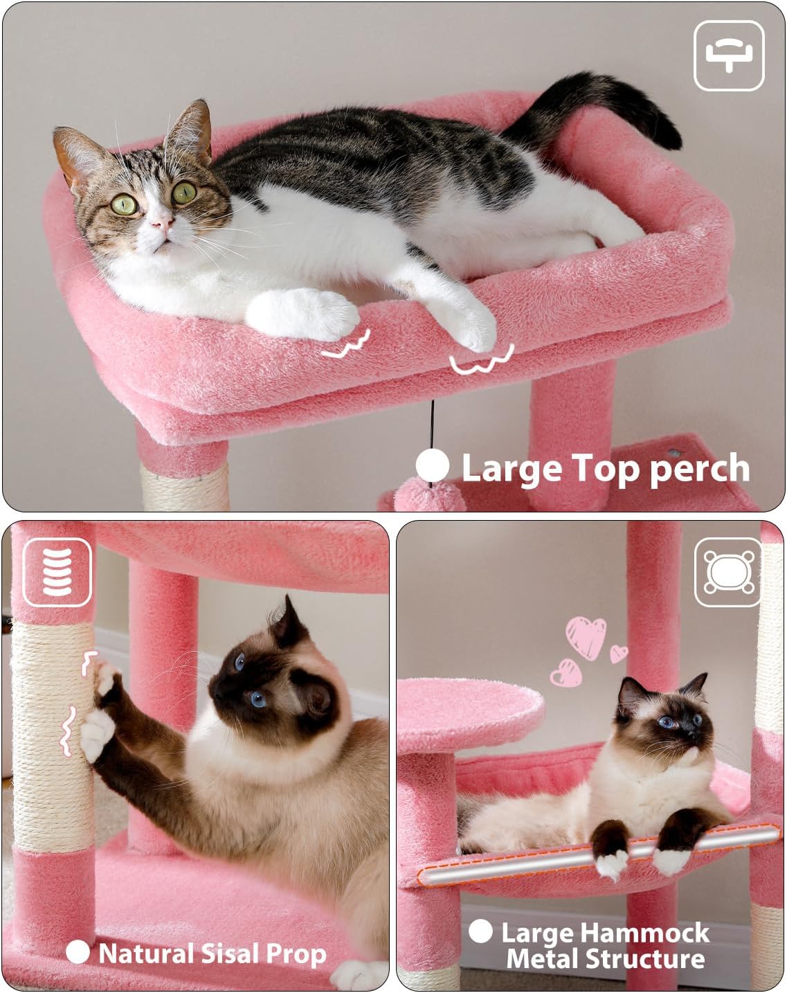 Cat Tree for Large Cats with Metal Plush Big Hammock, 56.3" Cat Tower for Indoor Cats with 2 Door Condo House, 6-Tier Cat Shelves with Scratching Posts and Large Top Perch, Pink