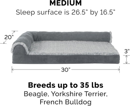 Furhaven Cooling Gel Dog Bed for Medium/Small Dogs w/ Removable Bolsters & Washable Cover, For Dogs Up to 35 lbs - Two-Tone Plush Faux Fur & Suede L Shaped Chaise - Stone Gray, Medium