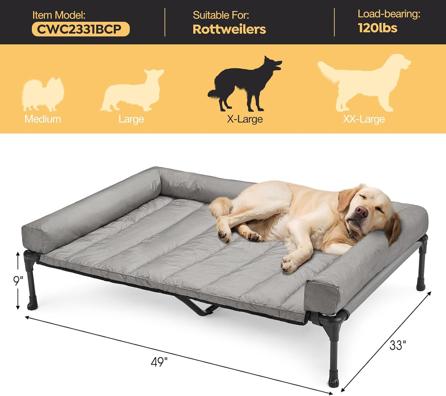 Veehoo Cooling Elevated Dog Bed Add Removable Waterproof Bolster Cushion Mat, Raised Pet Cot with Breathable Teslin Mesh, No-Slip Feet, Dog Couch Bed for Indoor Outdoor, 49x33inches, Grey, CWC2331B