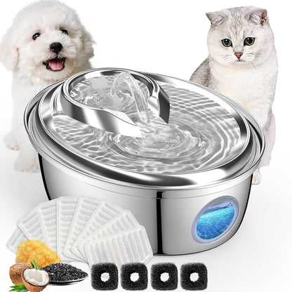 ORSDA Stainless Steel Cat Water Fountain, 100oz/3L Automatic Pet Drinking Fountain, Dog Water Dispenser Bowl with LED Window for Cats and Small & Medium Dogs- 12Pcs Filters（ D66