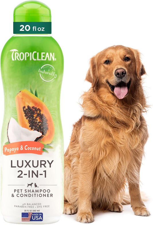 TropiClean 2-in-1 Dog Shampoo and Conditioner, Moisturizing Dog Detangler, Puppy Safe, Made in the USA, Papaya Scent, Cat & Kitten Safe, 20oz.