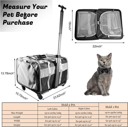 Cat Carrier for 2 Cats, Large Dog Cat Carrier with Wheels for Under 44lbs, Rolling Pet Carrier with Removable Pole Platform and Upgraded Wheels Dog Cat Travel Carrier for Hiking Camping, Black