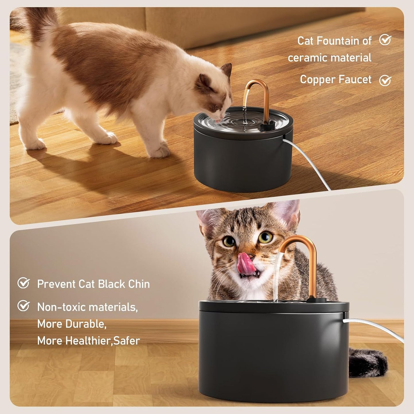 DOOOB Ceramic Cat Water Fountain, 2.1L/71oz Ceramic Cat Fountain, Automatic Ceramic Water Fountain for Cats, Pet Water Fountain with Ultra-Quiet Pump and 3 Filters & 3 Sponges (Black)