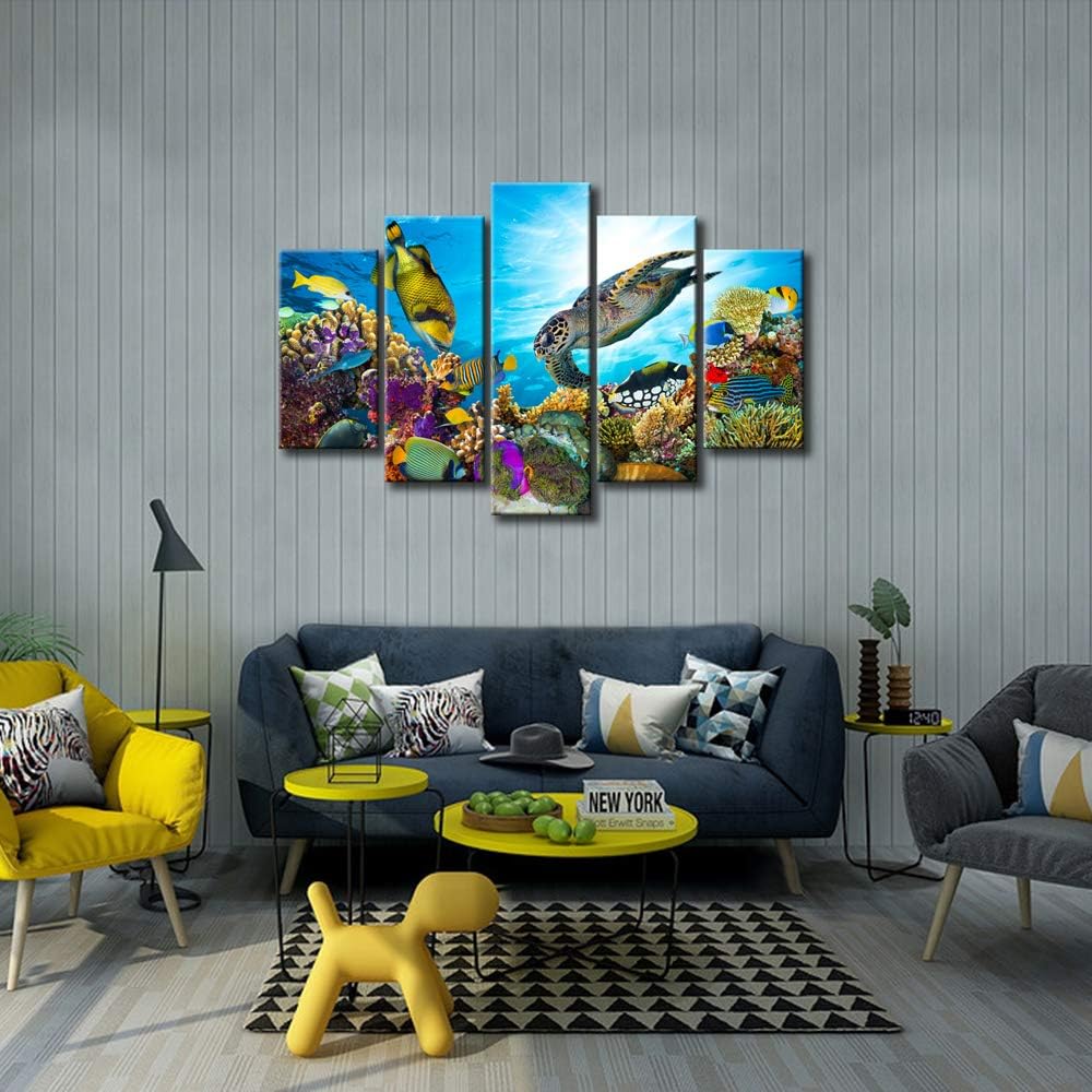 Xlarge 5 Piece Underwater World Canvas Wall Art Painting Sea Turtles Tropical Fish Swim on Coral Reef in the Sea Ocean Picture Prints Kids Room Wall Decor Stretched and Framed Ready to Hang 40x60inch