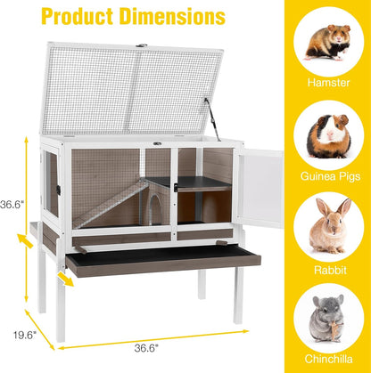 AIVITUVIN Wooden Guinea Pig Cage Indoor with Cooling Plate and Anti-Chewing Edges Two-Story Rabbit Hutch Pull Out Tray Outdoor Rabbit Cage with Raised Stand and Wire Mesh Small Animals Cage (Brown