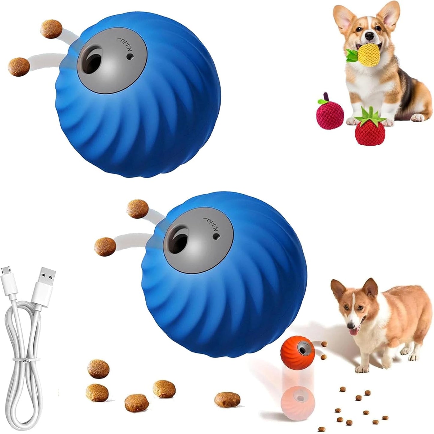 Zoomie Buddy 2.0, Zoomie Buddy for Dogs, 2 in 1 Smart Touch Interactive Dog Balls ＆ Pet Feeder, 2.83" Diameter, Suitable for Small/Medium Dogs, with Fruit Plush Cover (2*Blue, Only)