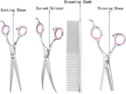 GEMEK Pet Cat Dog Grooming Scissors Set 4 Pieces Stainless Steel Professional Pet Trimmer Kit - 7.5 inch Straight Cutting, Thinning Shears, Curved, Grooming Combs
