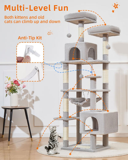 Taoqimiao Cat Tree, 68-Inch Cat Tree Cat Tower for Indoor Cats, Plush Multi-Level Cat Condo with 6 Scratching Posts, 2 Perches, 2 Caves,Hammock, 3 Pompoms,MS020SW Light Gray