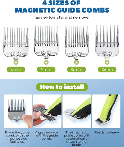 Cordless Horse Clippers, Professional Pet Grooming Clippers, 2 Speed Pet Trimmer with 4 Magnetic Guide Comb, Detachable Blade, Low Noise< 50db for Horse,Pony,Cat,Dog,Goat