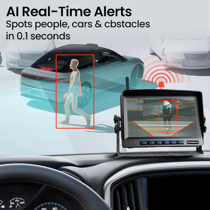 RV Backup Camera, Vehicle Backup Camera with AI Detection, 1080P Backup Cameras, 7'' Waterproof Wireless Backup Camera with DVR Recording & Night Vision for Car, Van, SUV, Truck, Trailer