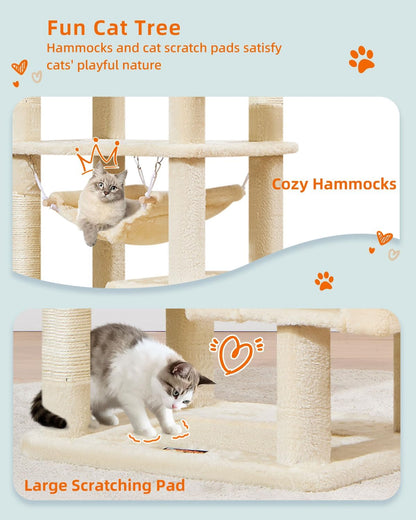 Taoqimiao Cat Tree, 68-Inch Cat Tree Cat Tower for Indoor Cats, Plush Multi-Level Cat Condo with 6 Scratching Posts, 2 Perches, 2 Caves,Hammock, 3 Pompoms,MS020SM Beige