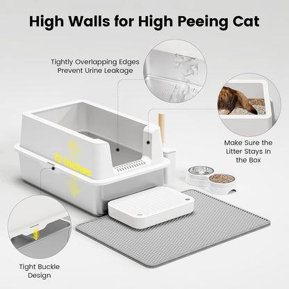 Stainless Steel Cat Litter Box - Enclosed XL Metal Kitty Litter Box with Lid for Big Cats, High Sided, Anti-Leakage, Easy Cleaning, Non-Sticky, Included Litter Mat, Cat Bowl & Spoon