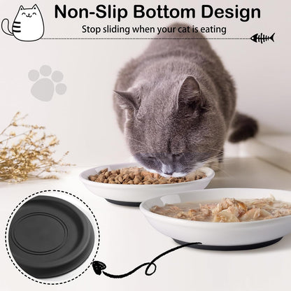 Cat Food Bowl,Healthy Ceramic Cat Bowls for Indoor Cats,Anti Whisker Fatigue Cats Dishes Set,Shallow Wide Kitten Plates for Food and Water,Non-Slip Silicone Bottom,3 Pack