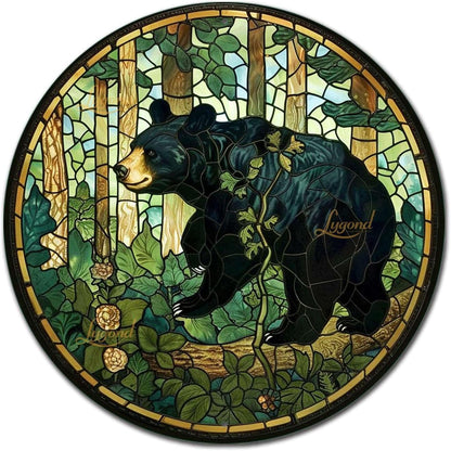 Lygond Metal Sign Tin Sign Circular Stained Glass American Black Bear Funny Bathroom Wall Decor for Restaurant 12×12 Inches