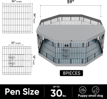 PJYuCien Dog Playpen, 8 Panels 24”H Dog Playpen Indoor with Grey Bottom Pad and Top Cover, Metal Foldable Dog Pen for Indoor Use, Only for Small Medium Animals, Grey