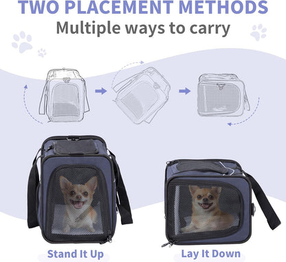 Petsfit Airline Approved Pet Carrier for Small Dogs & Cats, 19x9x12 TSA Approved Carrier, with Removable Dual-Sided Padding (2-Way Placement) - Fits Under Most Airplane Seats, Escape Proof (Navy)