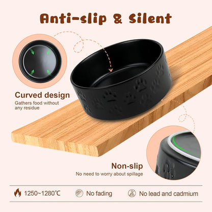 SPUNKYJUNKY Ceramic Elevated Dog Bowl Set with Acacia Wood Stand for Food and Water for Small Medium Sized Dogs (28.74 OZ, Black, Dog Paw Pattern)