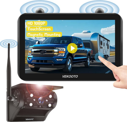 VEKOOTO Magnetic Solar Wireless Backup Camera VK7, 7'' IPS Touchscreen Monitor HD1080P No Wiring 15,000mAh Rechargeable Camera System for Hitching Gooseneck Horse Trailer RV Camper Car Truck